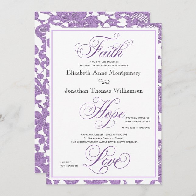 Lavender Lace Christian Wedding Invitation (Front/Back)