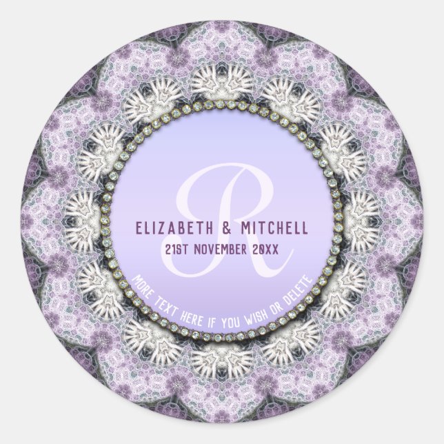 Lavender Lace  Monogram Wedding Classic Round Sticker (Front)
