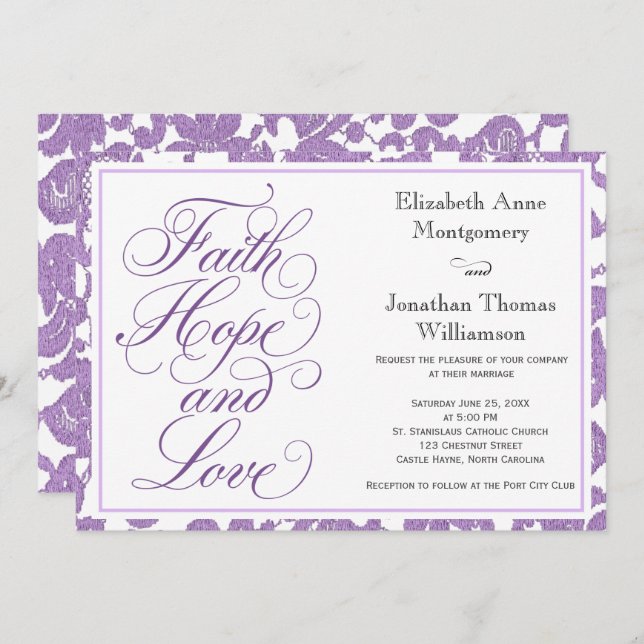 Lavender Lace Script Faith Hope & Love Wedding Invitation (Front/Back)