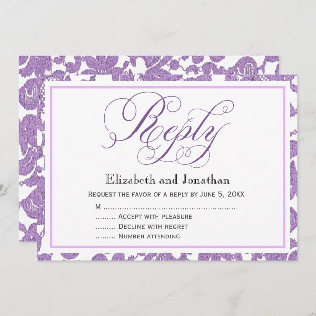 Lavender Lace Script Reply RSVP Enclosure Card (Front/Back)