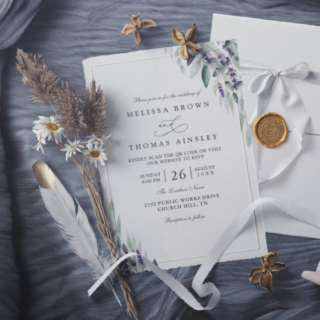 Lavender Leaves Rustic Elegant QR Code Wedding Invitation (Creator Uploaded)