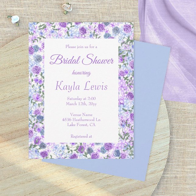 Lavender, Light Blue Rose Border Bridal Shower Invitation (lavender and dusty blue wedding bridal shower invitation with rose border, light purple blue roses)
