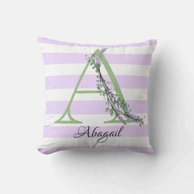 Lavender light purple white strips monogram outdoor pillow (Front)