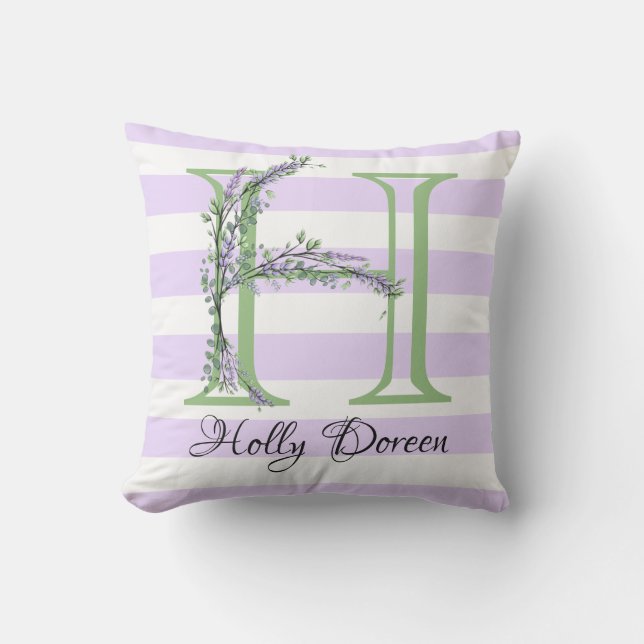 Lavender light purple white strips monogram outdoor pillow (Front)