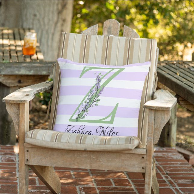 Lavender light purple white strips monogram outdoor pillow (Chair)