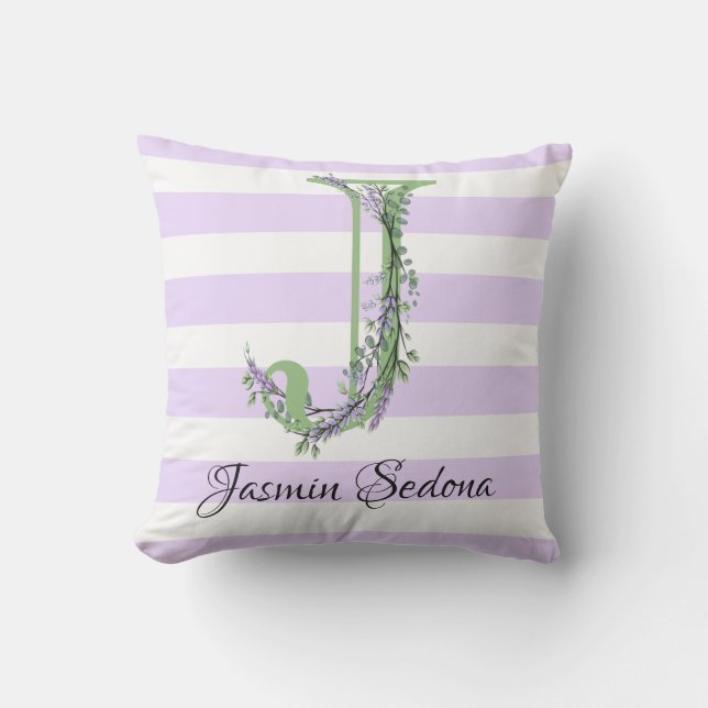 Lavender light purple white strips monogram outdoor pillow (Front)