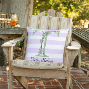 Lavender light purple white strips monogram outdoor pillow