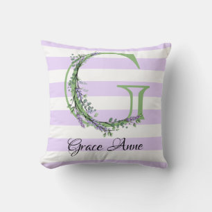 Lavender light purple white strips monogram throw pillow