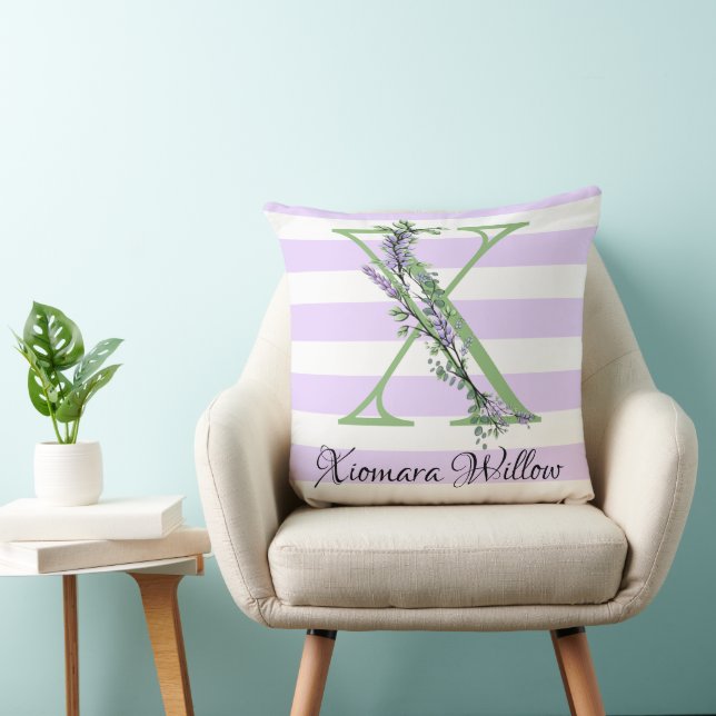 Lavender light purple white strips monogram throw pillow (Chair)