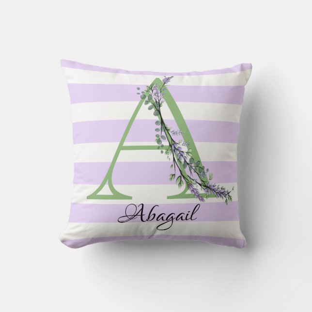 Lavender light purple white strips monogram throw pillow (Front)
