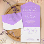 Lavender Lilac Elegant Script Minimalist Wedding All In One Invitation<br><div class="desc">All in one wedding invitation featuring elegant signature script name and monogram initials on a lavender lilac orchid background. The invitation includes a perforated RSVP card that’s can be individually addressed or left blank for you to handwrite your guest's address details. Designed by Thisisnotme©</div>