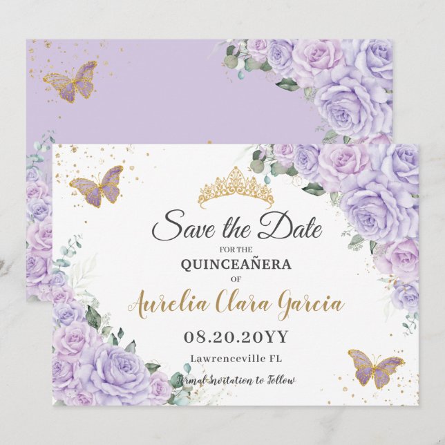 Lavender Lilac Floral Quinceañera 15 Save the Date (Devant / Derrière)
