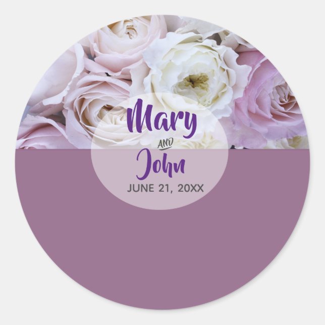 Lavender Lilac Floral Rose  Wedding Classic Round Sticker (Front)