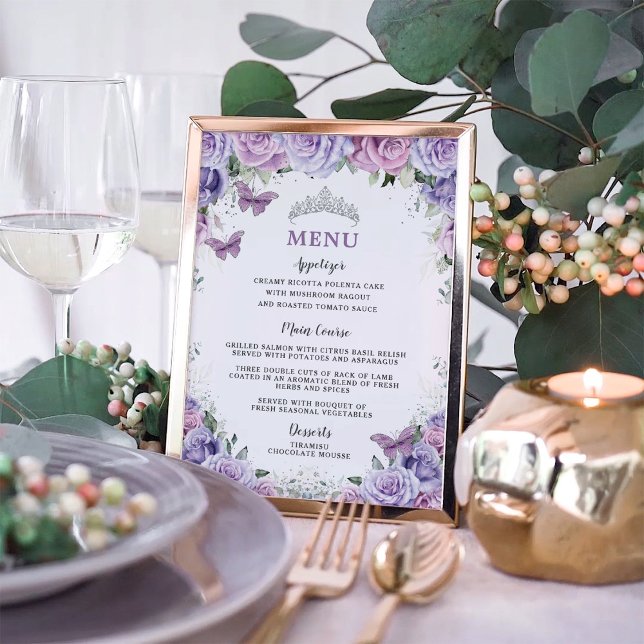 Lavender Lilac Purple Rose Floral Quinceanera Menu Poster (Creator Uploaded)