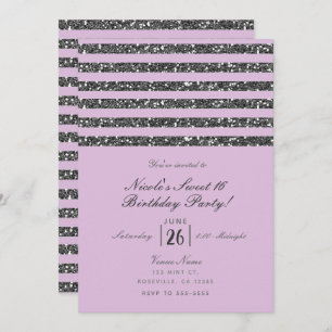 Lavender Lilac Purple Silver Glitter Stripes Party Invitation