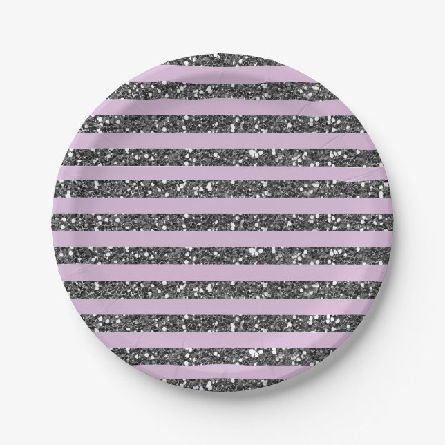 Lavender Lilac Purple Silver Glitter Stripes Party Paper Plate (Front)