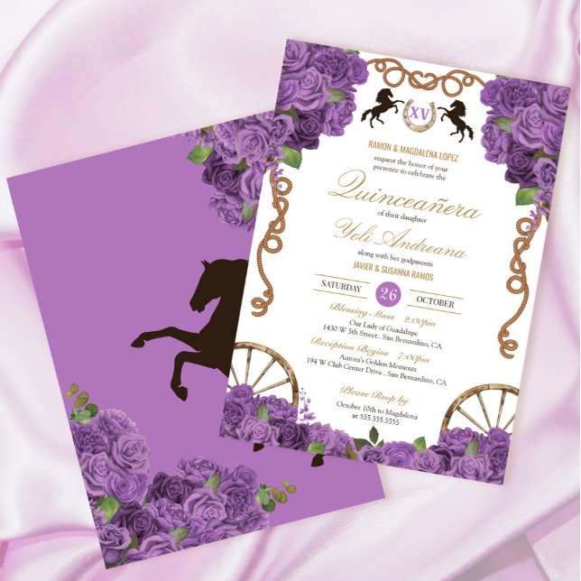 Lavender Lilac Roses Western Charra Quinceañera Invitation (Creator Uploaded)