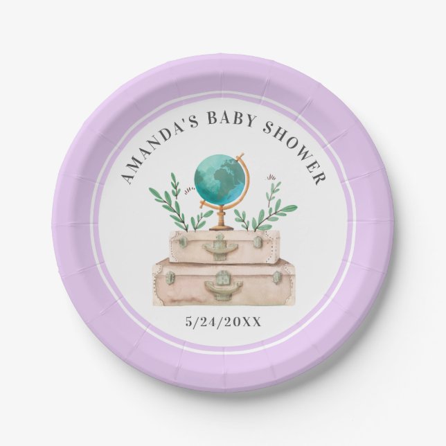 Lavender Lilac Travel Suitcase Baby Girl Shower Paper Plate (Front)