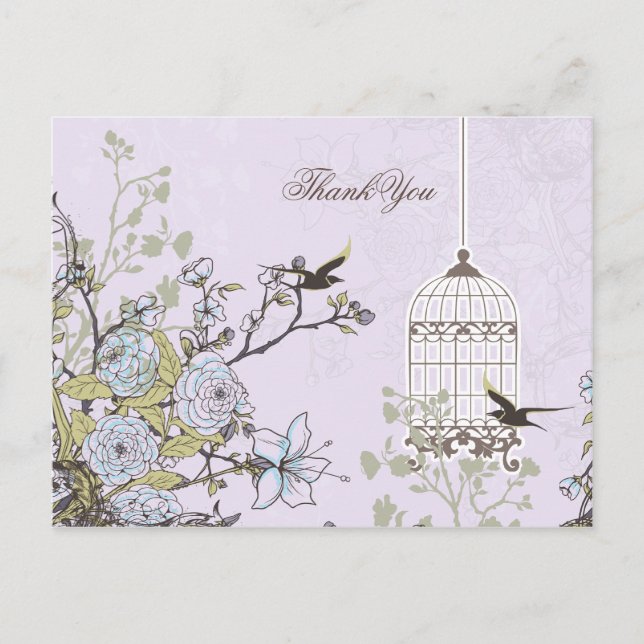 Lavender Lilac vintage birdcage birds wedding Postcard (Front)