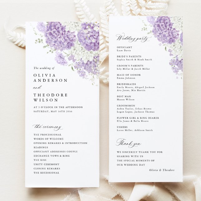 Lavender Lilac White Floral Wedding Ceremony Program (Lavender lilac hydrangea wedding program card, white floral ceremony program and wedding party card)