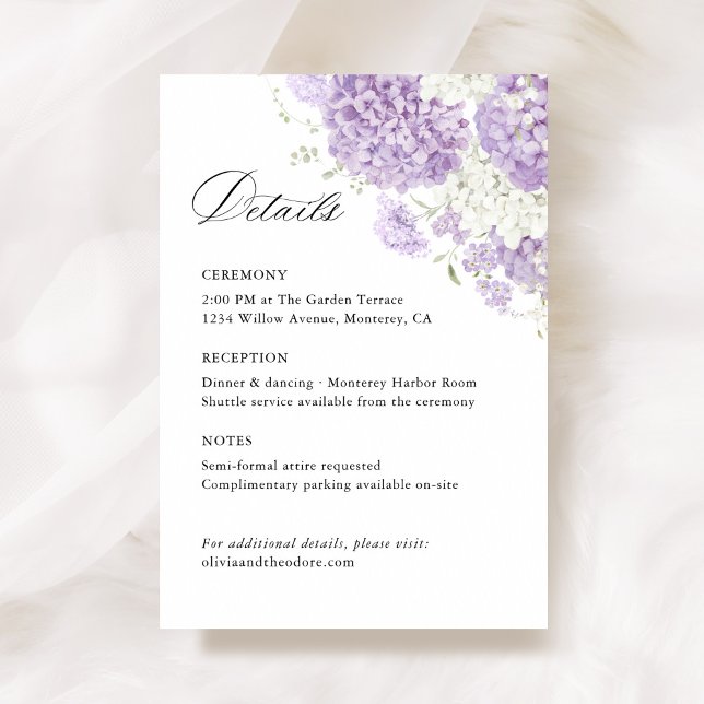 Lavender Lilac White Floral Wedding Details, Info Enclosure Card (Lavender white hydrangea wedding details card with floral, lilac, elegant wedding stationery)
