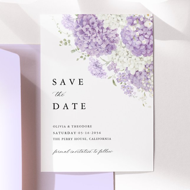 Lavender Lilac White Floral Wedding Save The Date (Lavender white hydrangea save the date wedding card with lilac floral, elegant wedding stationery)
