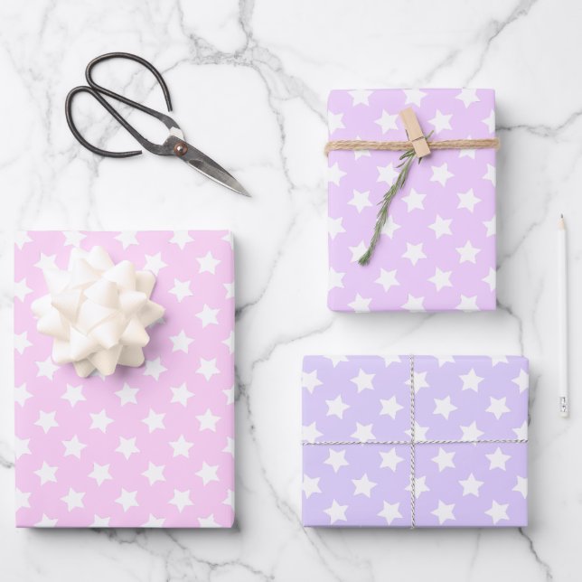 Lavender Lilac White Stars Polka Dots Wrapping Paper Sheet (Front)