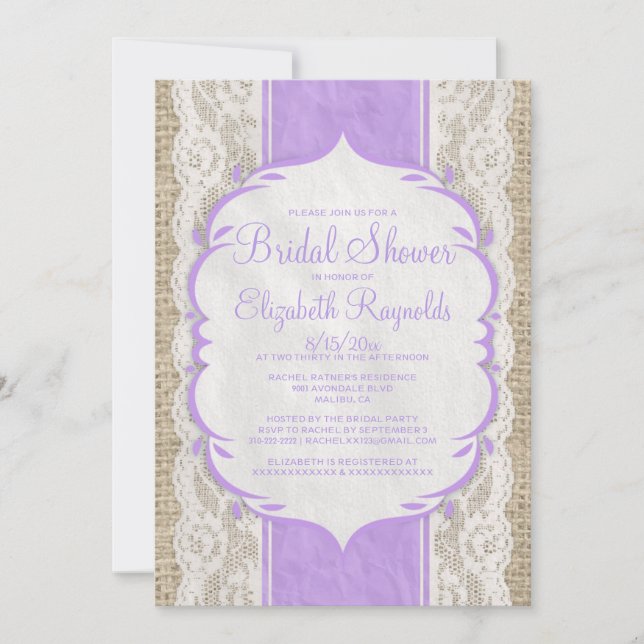 Lavender Linen Burlap Lace Bridal Shower Invites (Front)