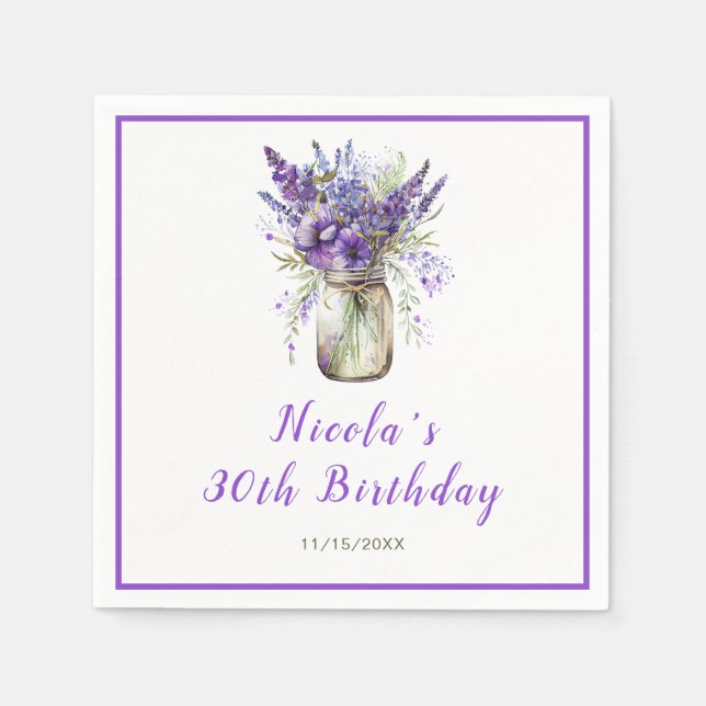 Lavender Mason Jar Birthday Napkin (Front)