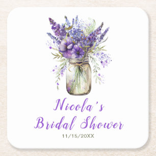 Lavender Mason Jar Bridal Shower  Square Paper Coaster