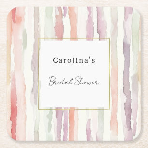 Lavender Melon Pink White Stripes Bridal Shower Square Paper Coaster