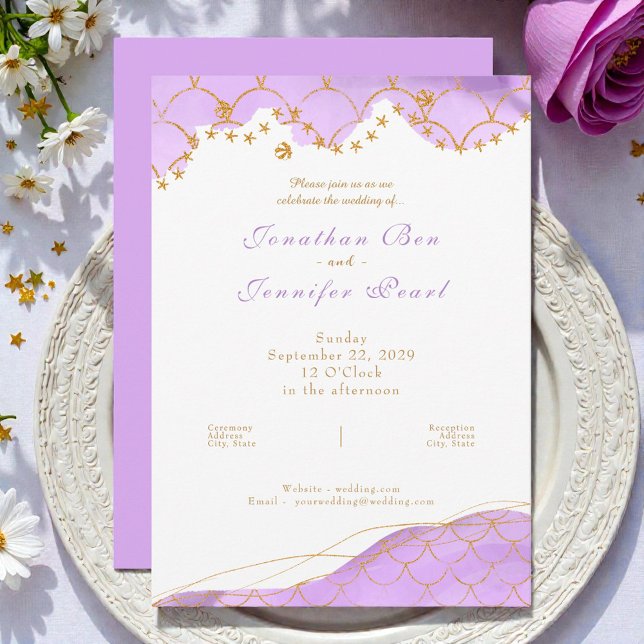 Lavender Mermaid Gold Wedding Invitation (Creator Uploaded)