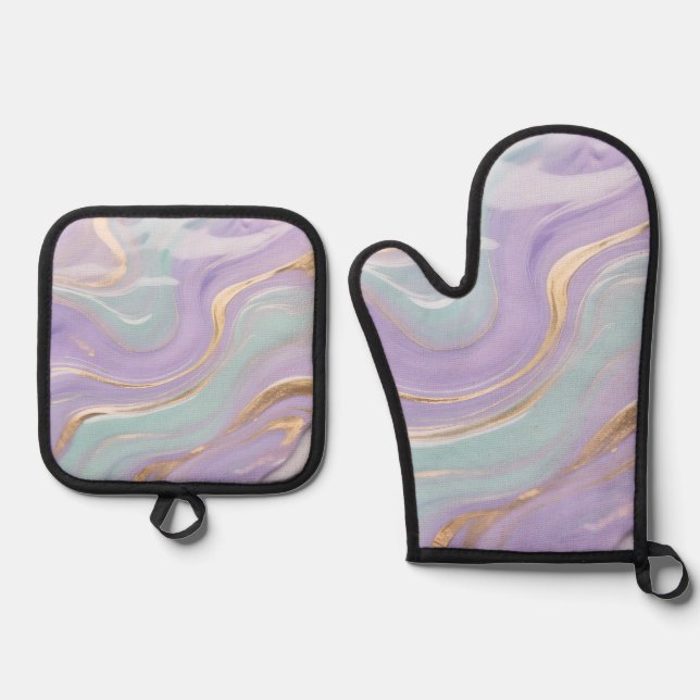 Lavender Mint Gold Marble Swirl Oven Mitt & Pot Holder Set (Front)