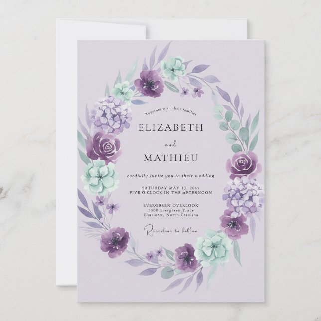 Lavender Mint Radiant Watercolor Wedding Invitation (Front)
