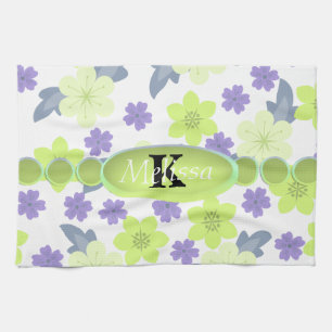 Lavender Mint Spring Flowers Monogram Kitchen Towel