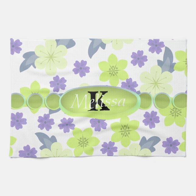 Lavender Mint Spring Flowers Monogram Kitchen Towel (Horizontal)
