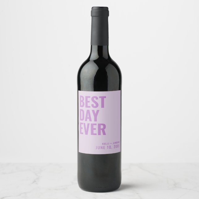 Lavender Modern Best Day Ever Wedding Wine Label (Front)