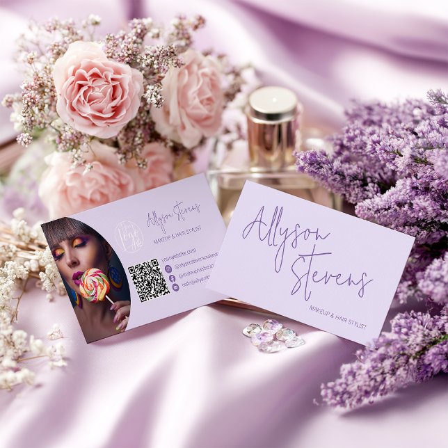 Lavender Modern name script makeup hair logo qr Business Card (Lavender Modern name script makeup hair logo qr Business Card)