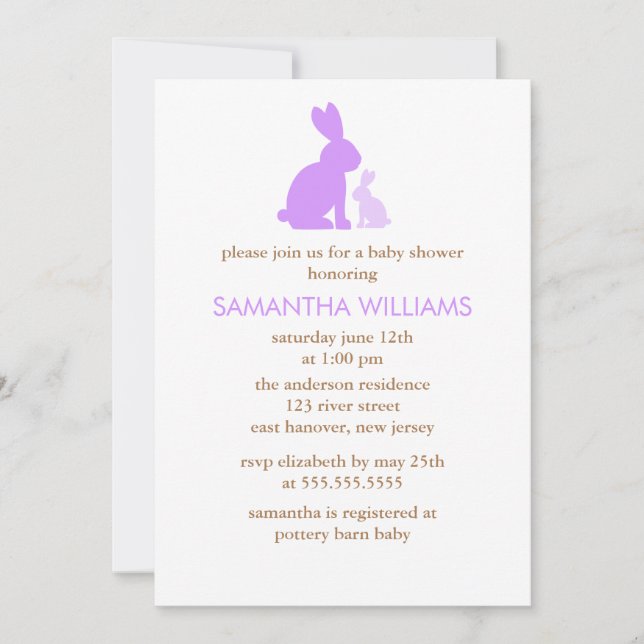 Lavender Mom and Baby Rabbit Baby Shower Invitation (Front)