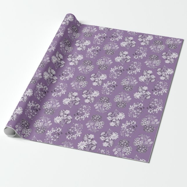 Lavender Monochrome Floral Wrapping Paper (Unrolled)