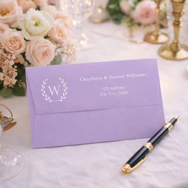 Lavender monogram initial wreath return address envelope (Creator Uploaded)