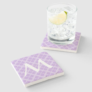Lavender Moroccan Damask with Monogram Stone Coaster