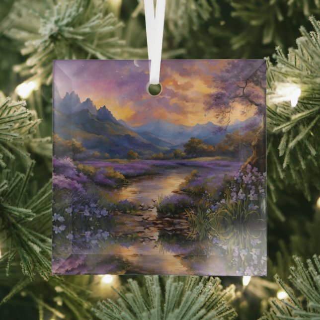Lavender Mountain Valley at Dawn Glass Ornament (Insitu)