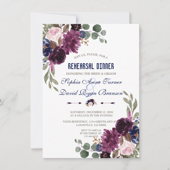 Lavender Navy Blue Floral Bloom Rehearsal Dinner Invitation (Front)