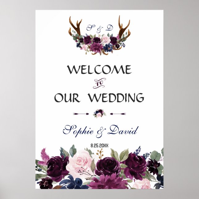 Lavender Navy Blue Floral Bloom Wedding Welcome Poster (Front)