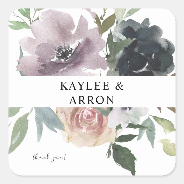 Lavender, Navy, Blush Pink Floral Thank You 2 Square Sticker (Front)