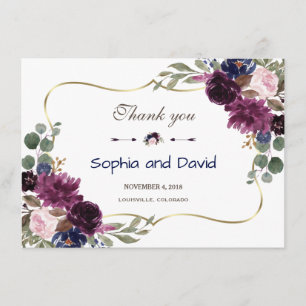 Lavender Navy Gold Floral Bloom Wedding Thank you Card