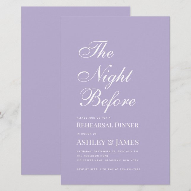 Lavender Night Before Rehearsal Dinner Invitation (Front/Back)
