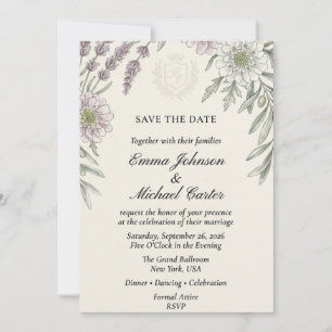 Lavender, Olive Branch, and Scabiosa Watercolor  Invitation