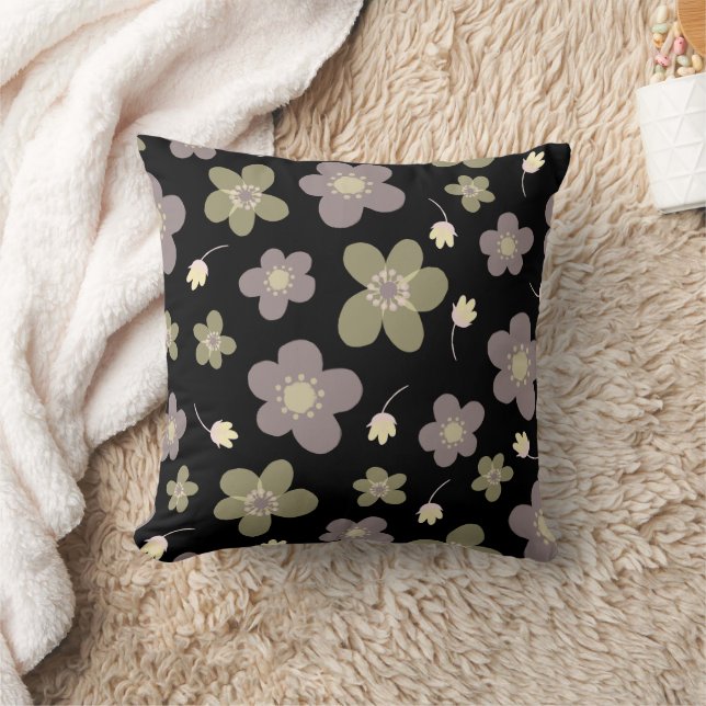 Lavender & Olive Green Buttercups on Black  Throw Pillow (Blanket)